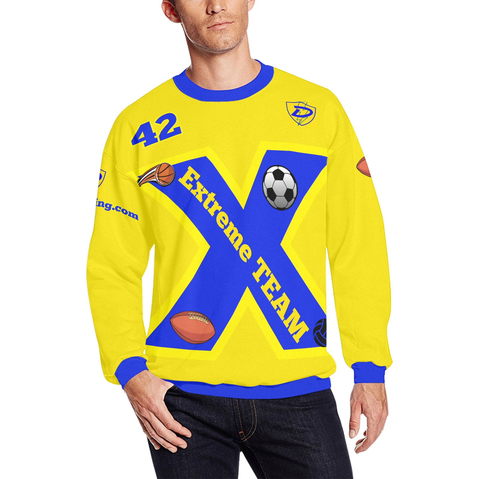 DIONIO Clothing - EXTREME TEAM Sweatshirt (Yellow & Blue) Men's Oversized Fleece Crew Sweatshirt (Model H18)