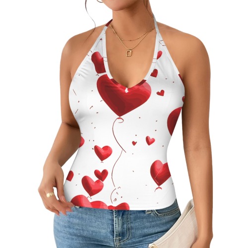 heart print Women's V-Neck Halter Top (Model T83)