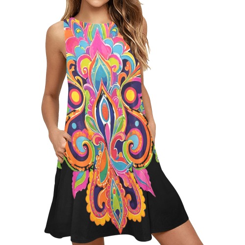 Abstract Retro Hippie Floral Paisley Sleeveless A-Line Pocket Dress (Model D57)