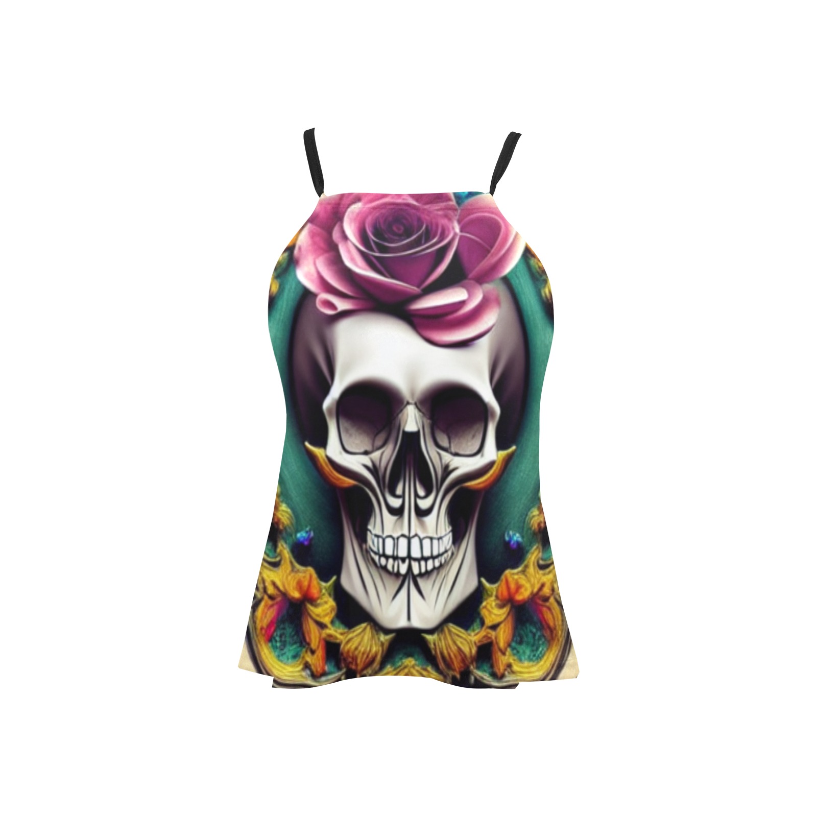Women's Skull Face Purple Flower Tank Top Loose Fit Halter Neck Top (Model T68)