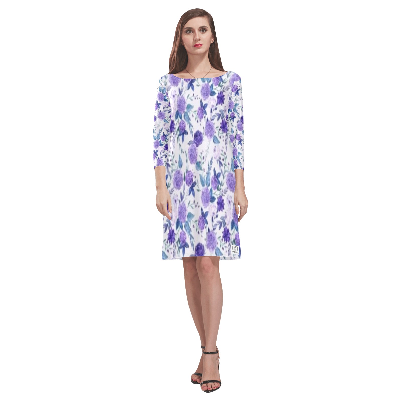 DIONIO Clothing - Ladies' Purple Flowers Rhea Loose Round Neck Dress Rhea Loose Round Neck Dress(Model D22)