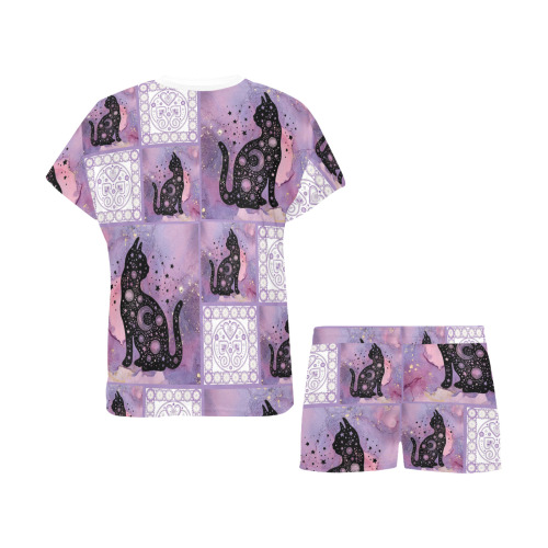 Purple Cosmic Cats Patchwork Pattern Women's Short Pajama Set