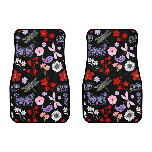 Black, Red, Pink, Purple, Dragonflies, Butterfly and Flowers Design Front Car Floor Mat (2pcs)