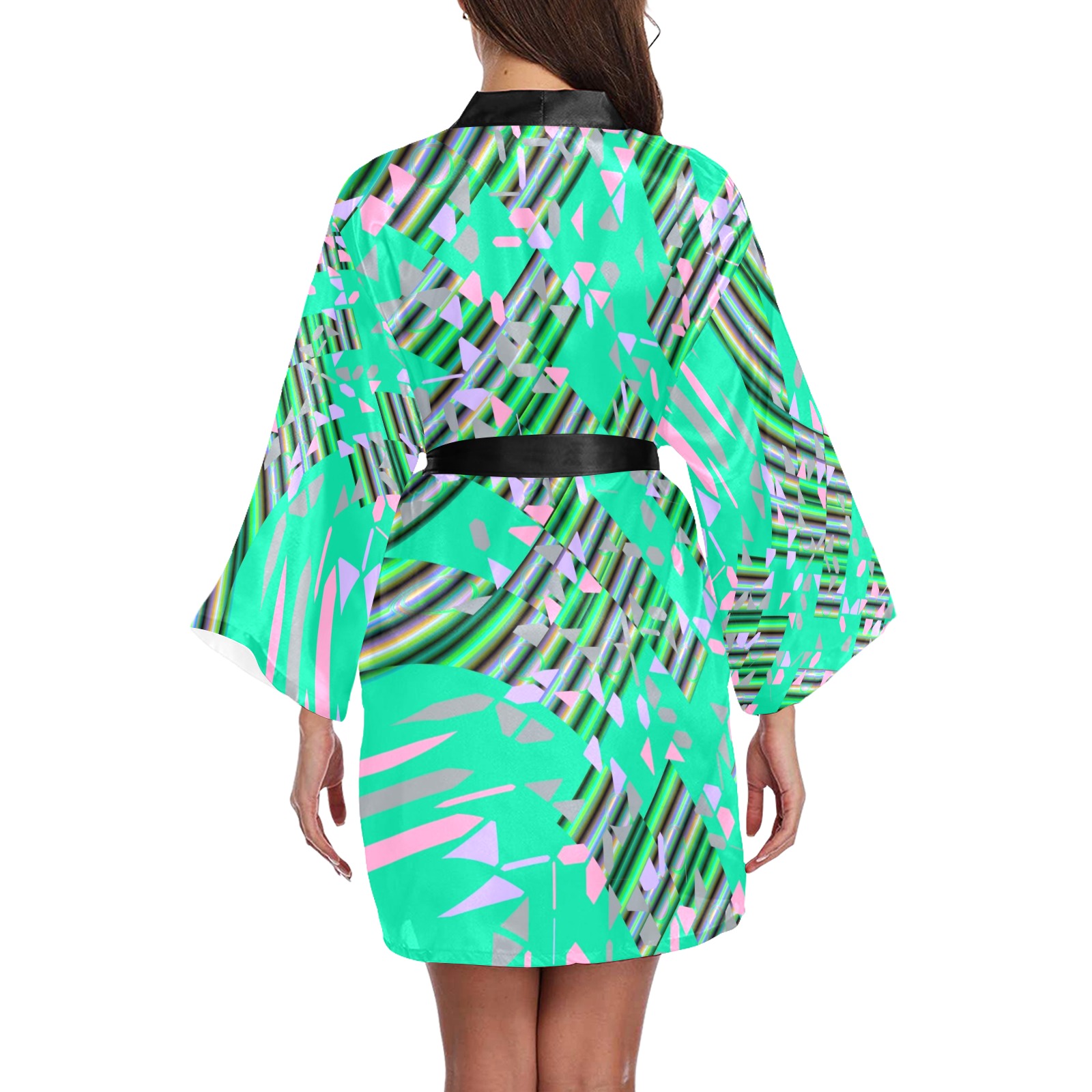 Flowing Green and Pink Abstract Long Sleeve Kimono Robe