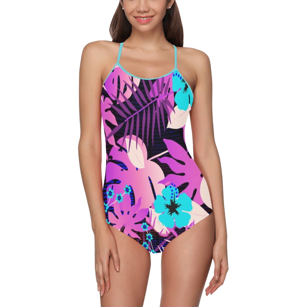 GROOVY FUNK THING FLORAL PURPLE Strap Swimsuit ( Model S05)