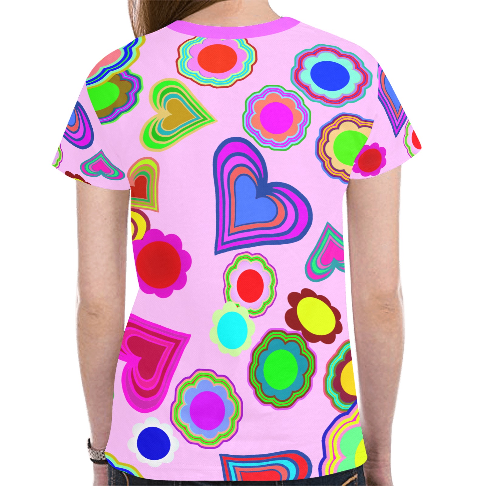 Groovy Hearts Flowers Pattern Pink New All Over Print T-shirt for Women (Model T45)