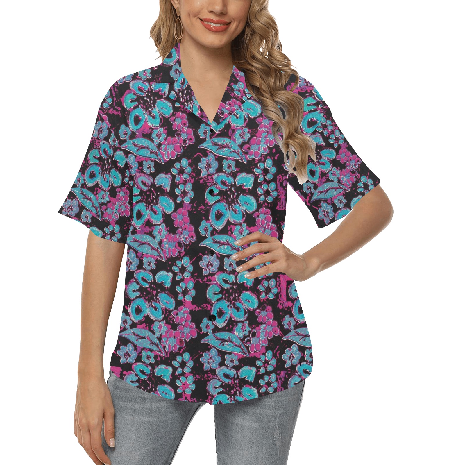 Blue Surrealistic Floral All Over Print Hawaiian Shirt for Women (Model T58)