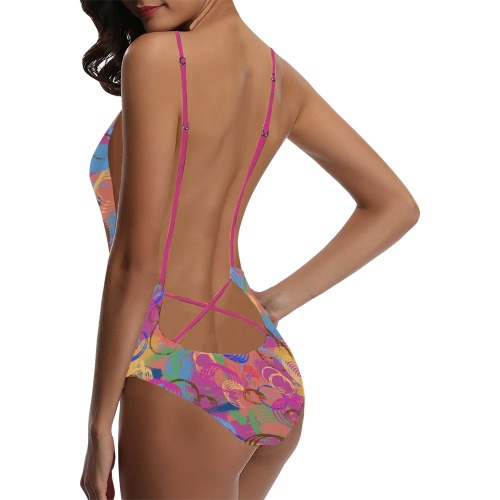 Paint and Rings Abstract Sexy Lacing Backless One-Piece Swimsuit (Model S10)