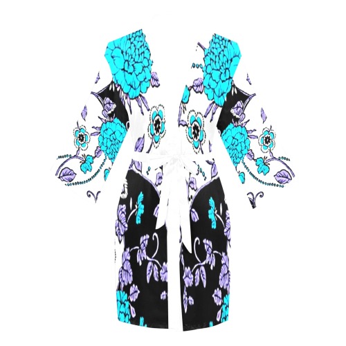 Lavender Turquoise Floral Swirl Pattern Long Sleeve Kimono Robe
