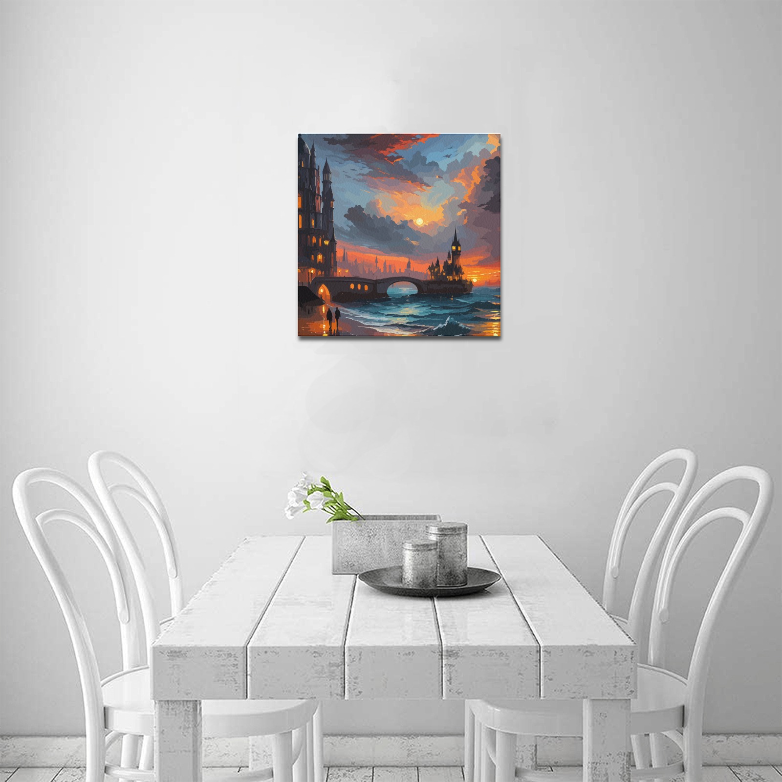 Stunning fantasy city, ocean waves, two suns. Upgraded Canvas Print 16"x16"