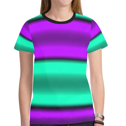 Purple & Mint Horizontal Stripes New All Over Print T-shirt for Women (Model T45)