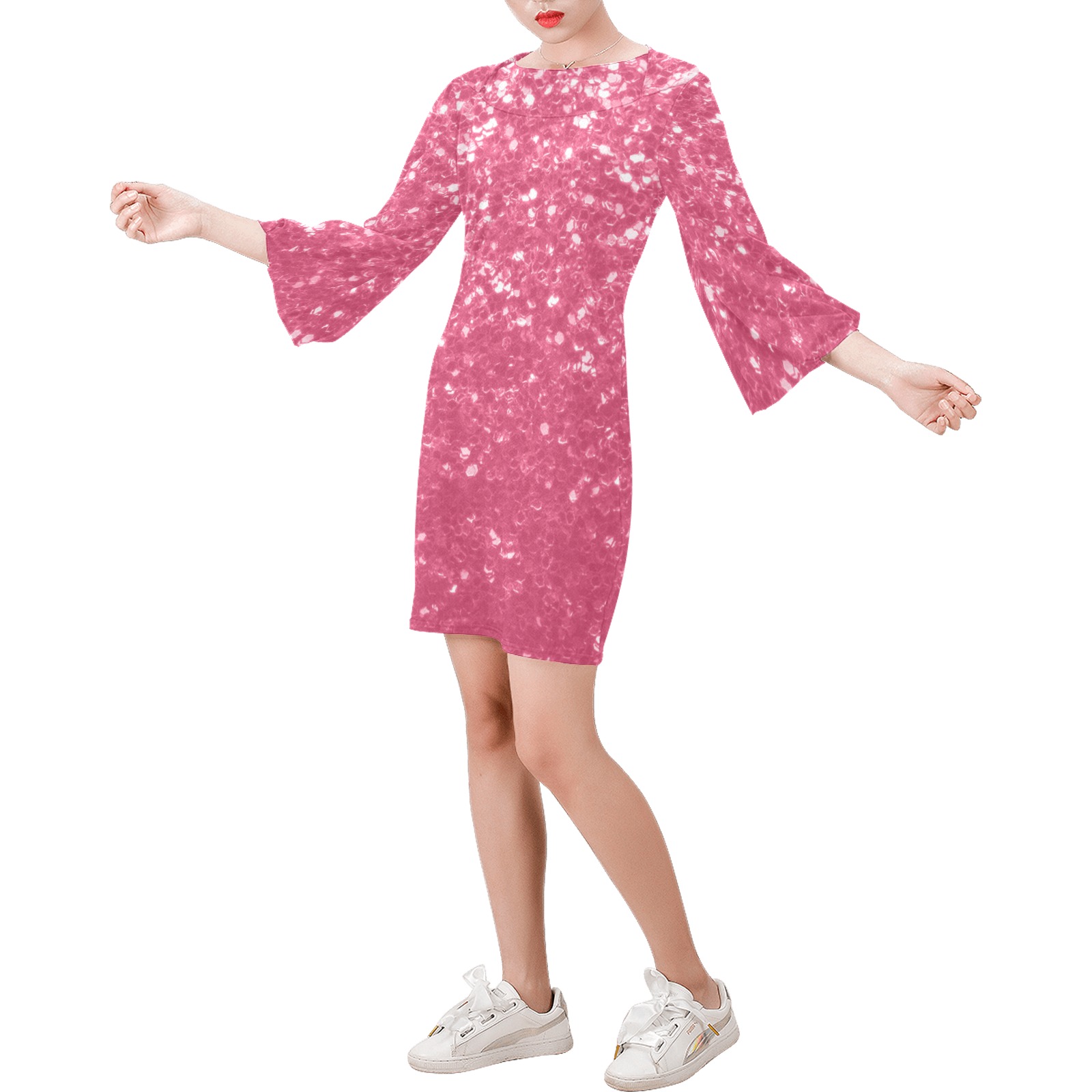 Magenta light pink red faux sparkles glitter Bell Sleeve Dress (Model D52)
