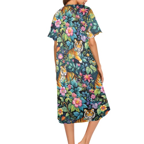 Jungle Tigers and Tropical Flowers Pattern Women's Button Front House Dress