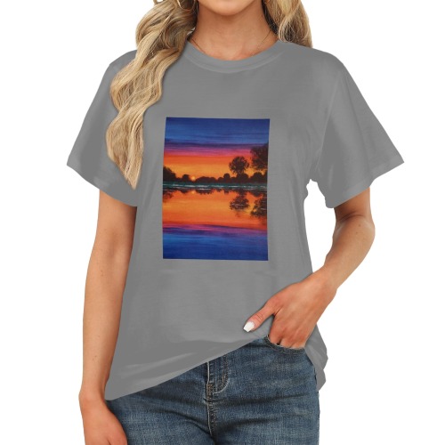 Dramatic Lake Sunset Women's Gray T-Shirt