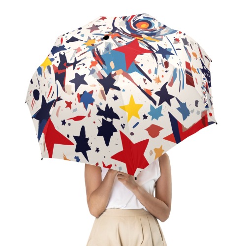 Fantastic space, stars, plantes, beige background. Semi-Automatic Foldable Umbrella (Model U12)