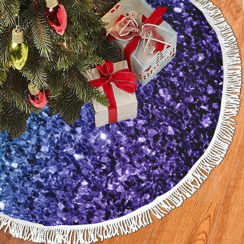 Aqua blue ombre faux glitter sparkles Thick Fringe Christmas Tree Skirt 30"x30"