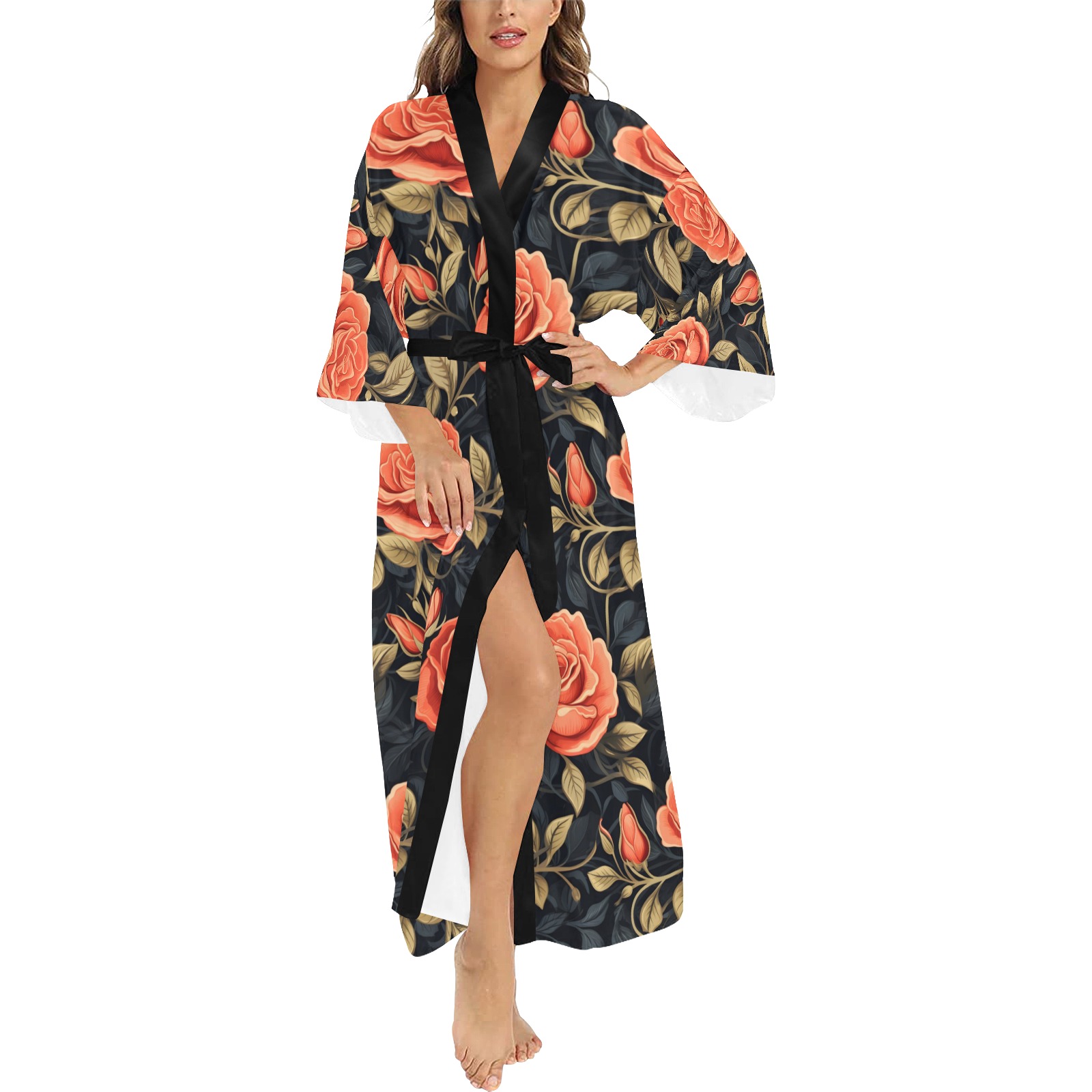Pink Roses And Navy Long Kimono Robe