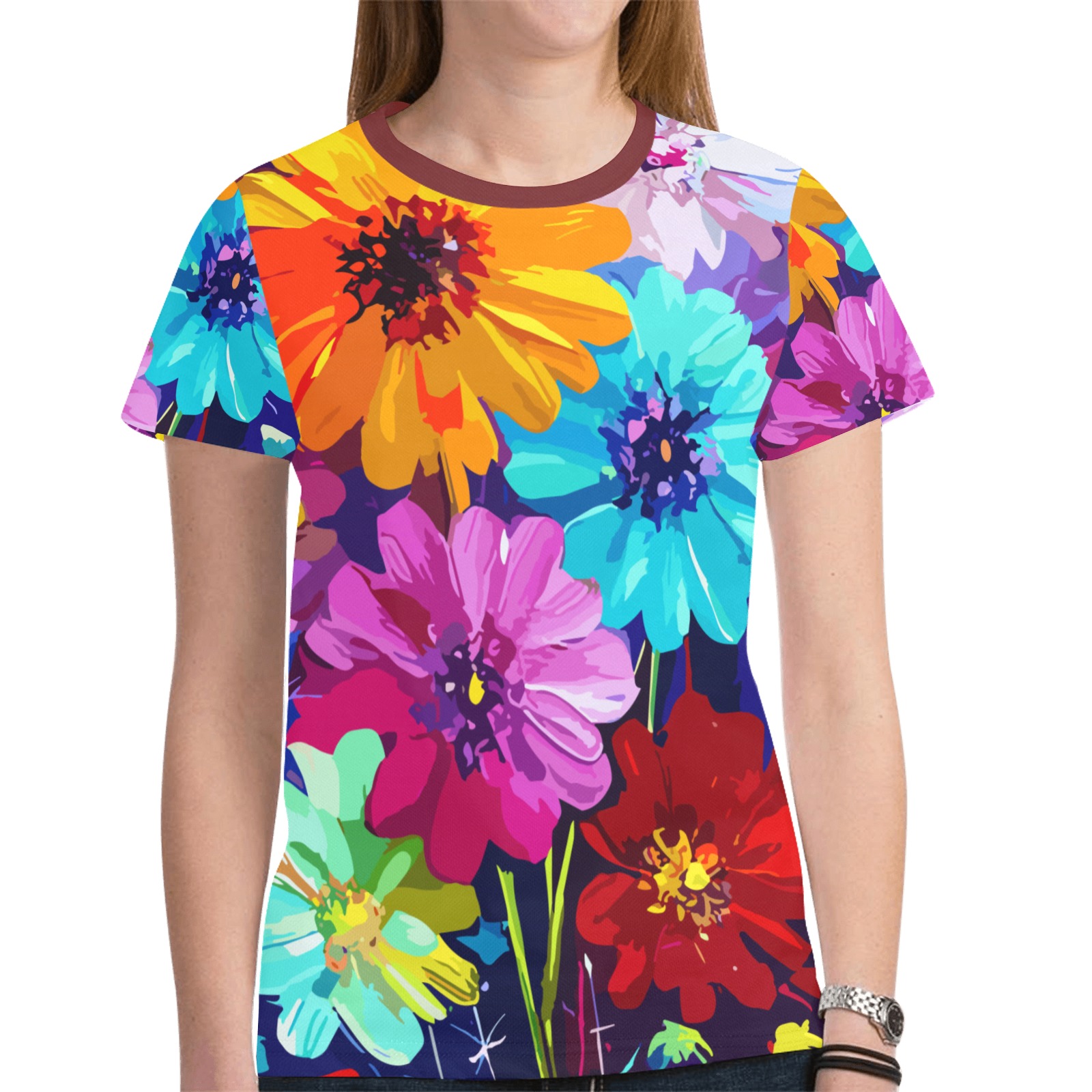Floral Art Of A Bunch Of Colorful Fantasy Flowers New All Over Print T-shirt for Women (Model T45)