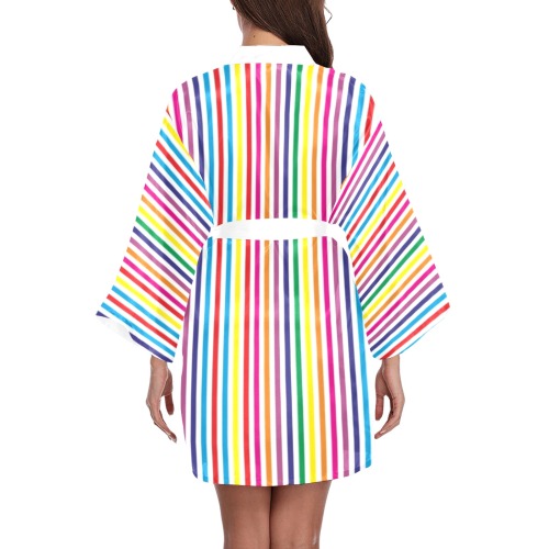 Multi  Color Thin Stripes on White Field Long Sleeve Kimono Robe
