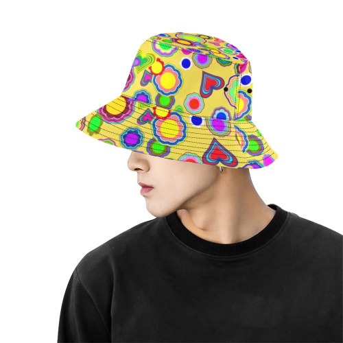 Groovy Hearts and Flowers Yellow All Over Print Bucket Hat for Men