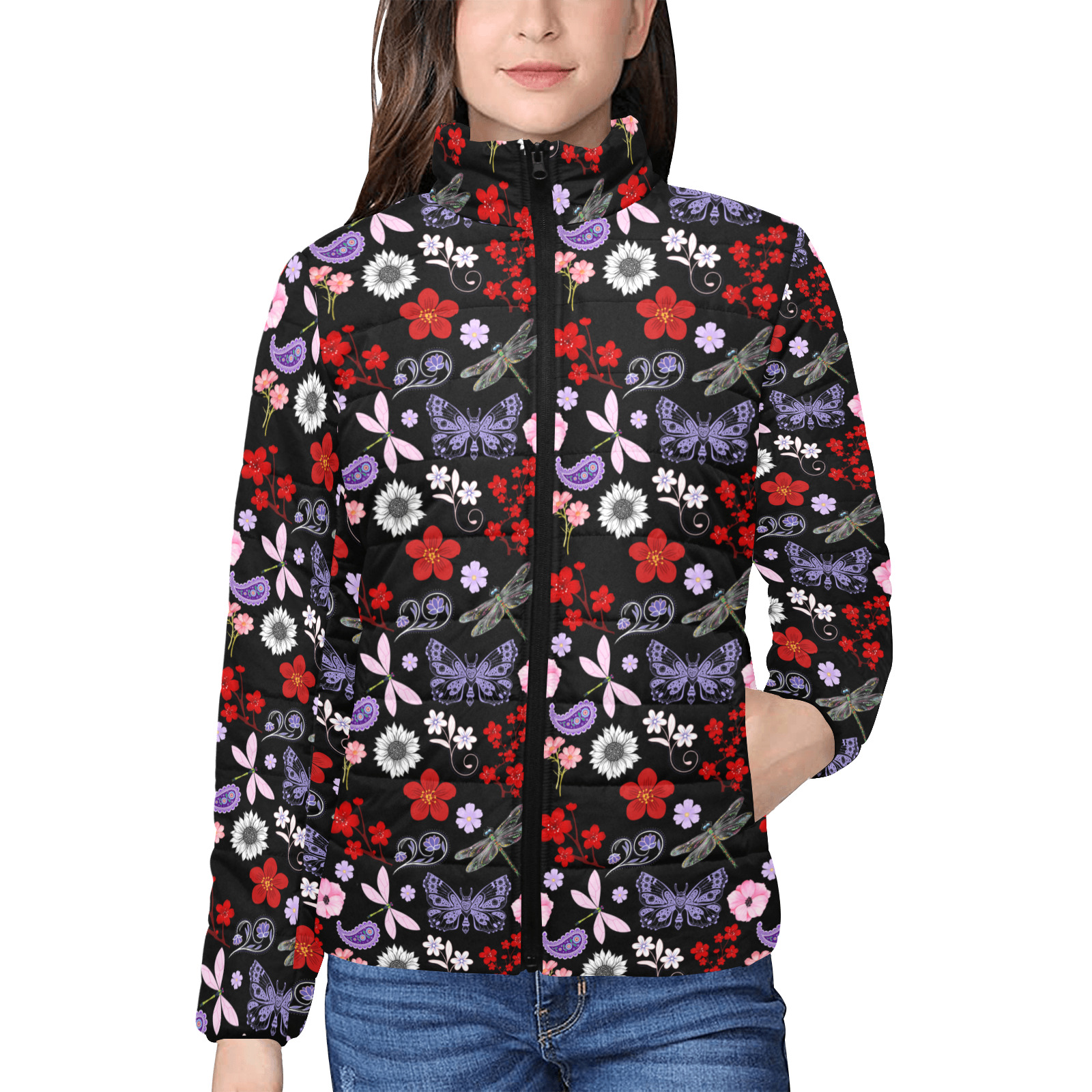 Black, Red, Pink, Purple, Dragonflies, Butterfly and Flowers Design Women's Stand Collar Padded Jacket (Model H41)