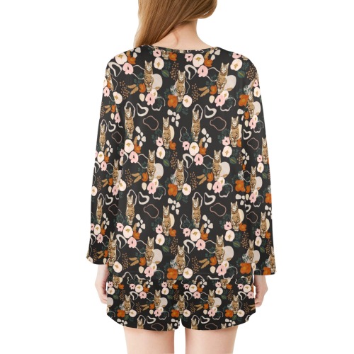 FLOWERY WILD CAT II -01 Women's Long Sleeve Scoop Neck Short Pajama Set