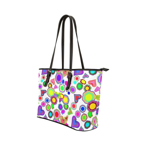 Groovy Hearts and Flowers White Leather Tote Bag/Small (Model 1651)
