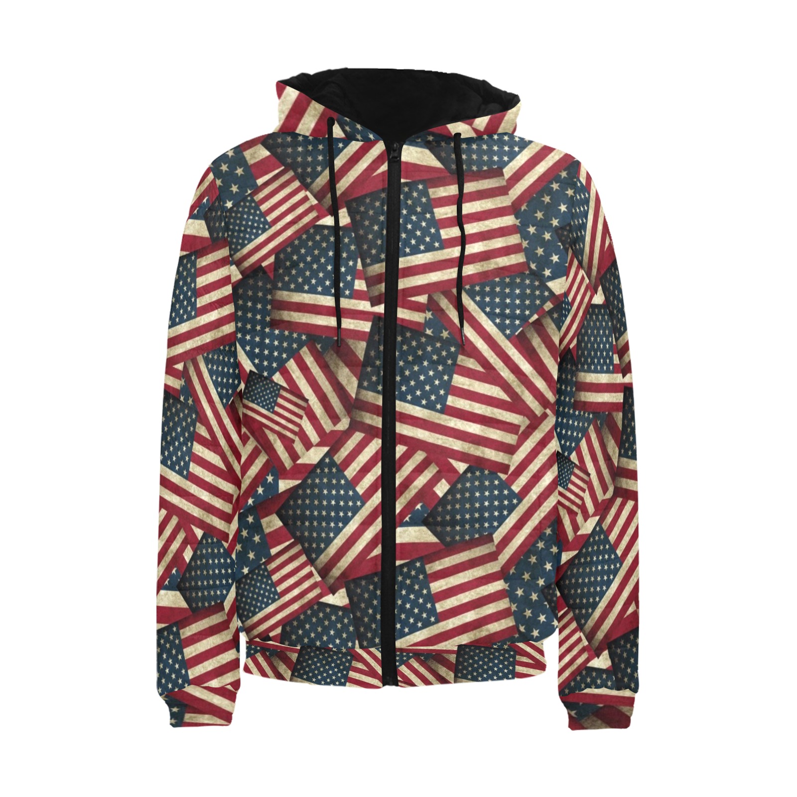Patriotic USA American Flag Art Men's Padded Hooded Jacket (Model H42)
