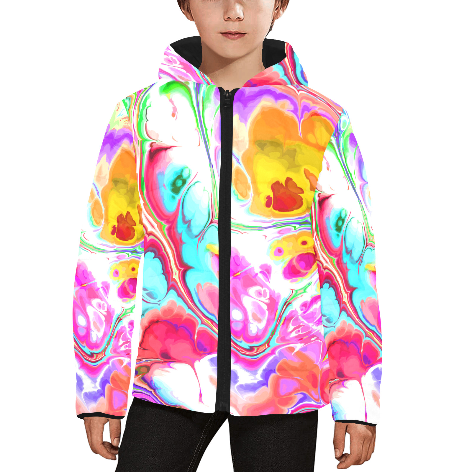 Funky Marble Acrylic Cellular Flowing Liquid Art Kids' Padded Hooded Jacket (Model H45)