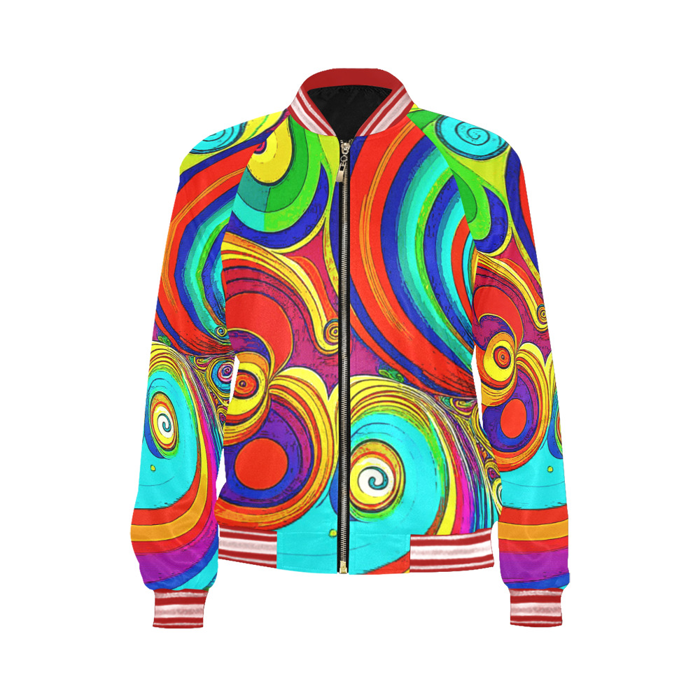Colorful Groovy Rainbow Swirls All Over Print Bomber Jacket for Women (Model H21)