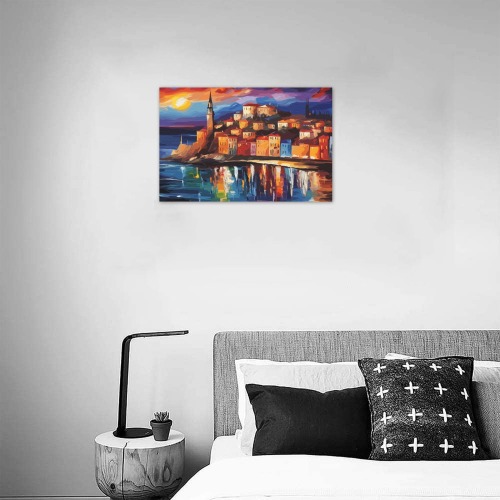 Fantasy city by the warm sea at sunset. Cool art. Upgraded Canvas Print 18"x12"