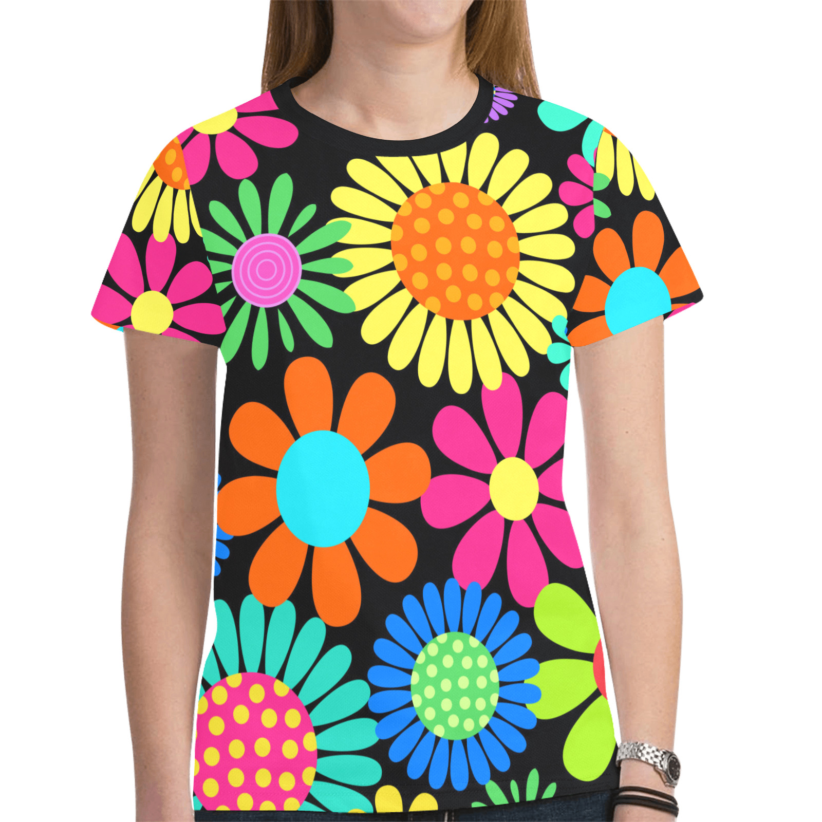 Retro Daisy Flower Power Sixties Hippy Pattern New All Over Print T-shirt for Women (Model T45)