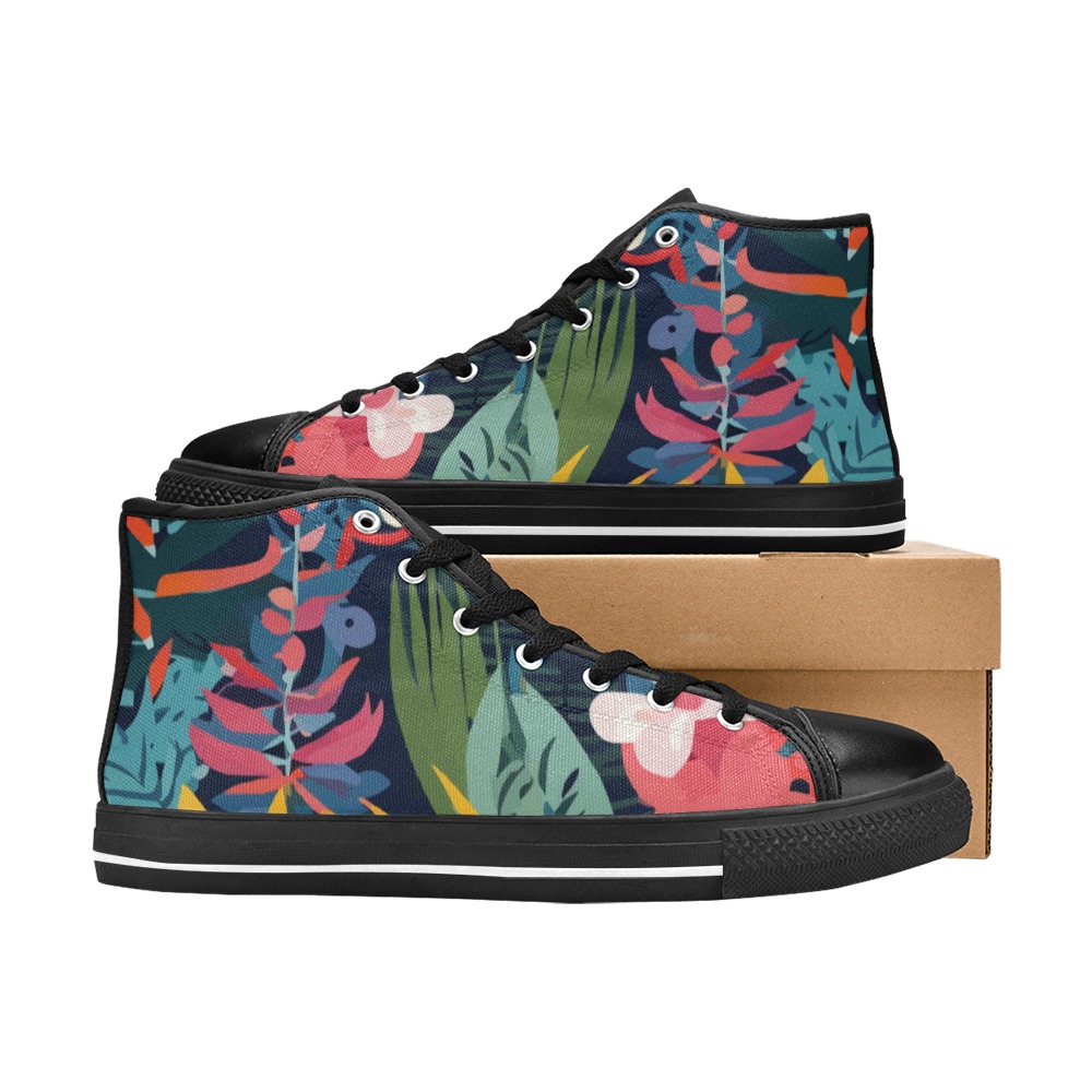 Stylish art of colorful tropical flowers, plants. Women's Classic High Top Canvas Shoes (Model 017)