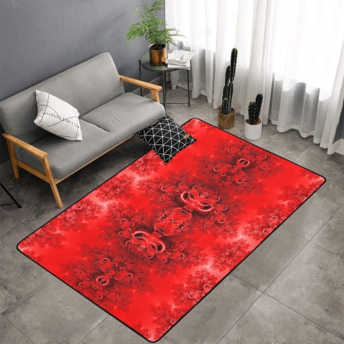 Fiery Red Rose Garden Frost Fractal Area Rug with Black Binding 7'x5'