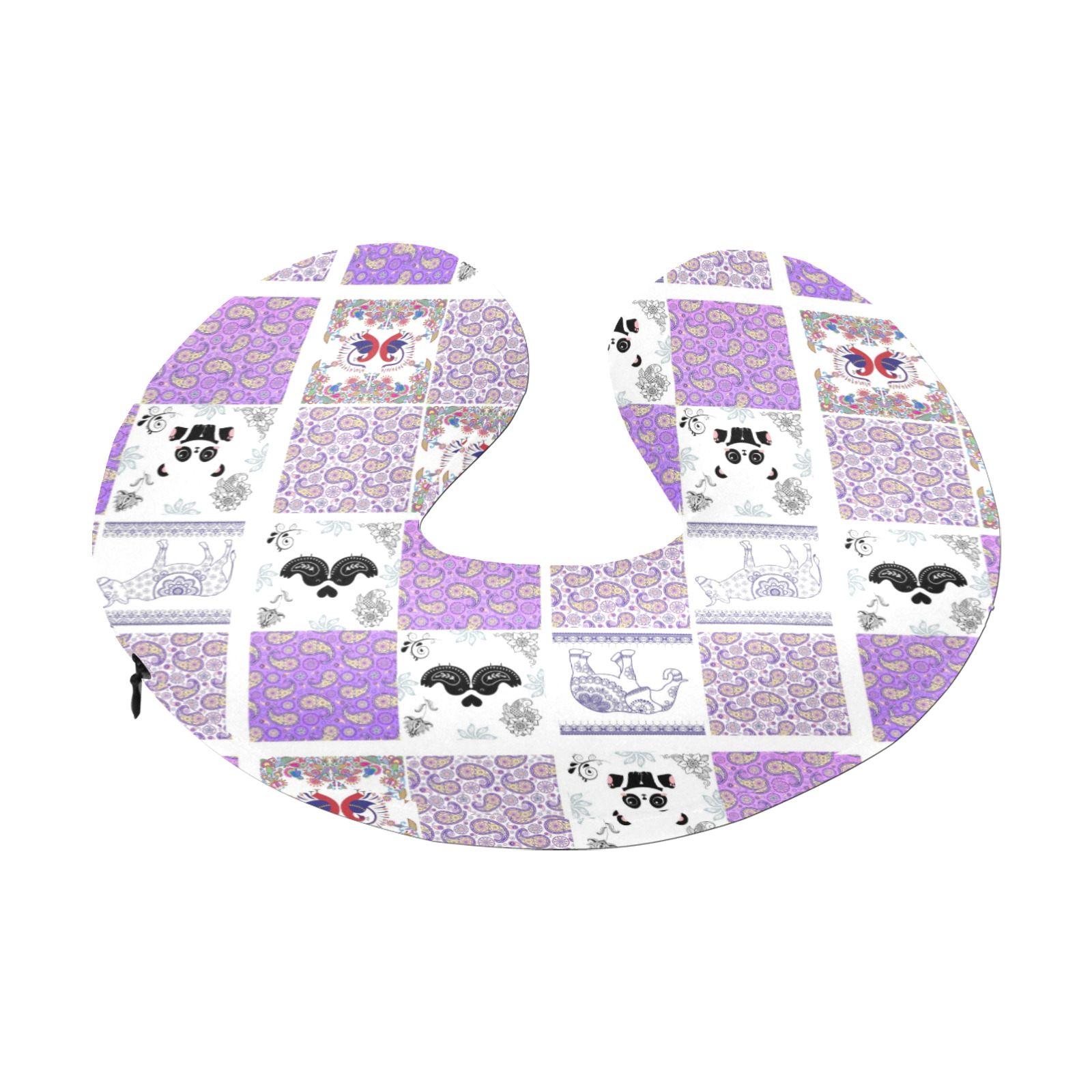 Purple Paisley Birds and Animals Patchwork Design U-Shape Travel Pillow