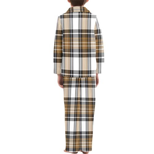 Brown Black Plaid Big Boys' V-Neck Long Pajama Set