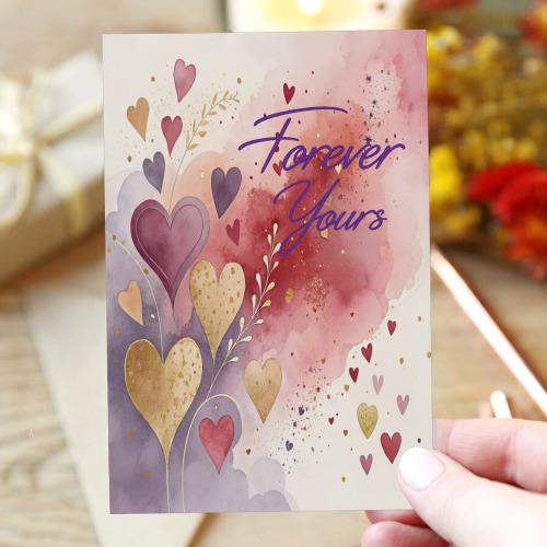 Custom Greeting Card Valentine's pink/purple/gold hearts Forever Yours