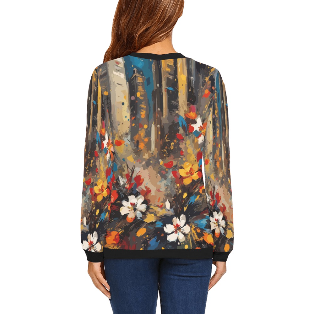 Urban floral theme. Skyscrapers, flowers at night All Over Print Crewneck Sweatshirt for Women (Model H18)