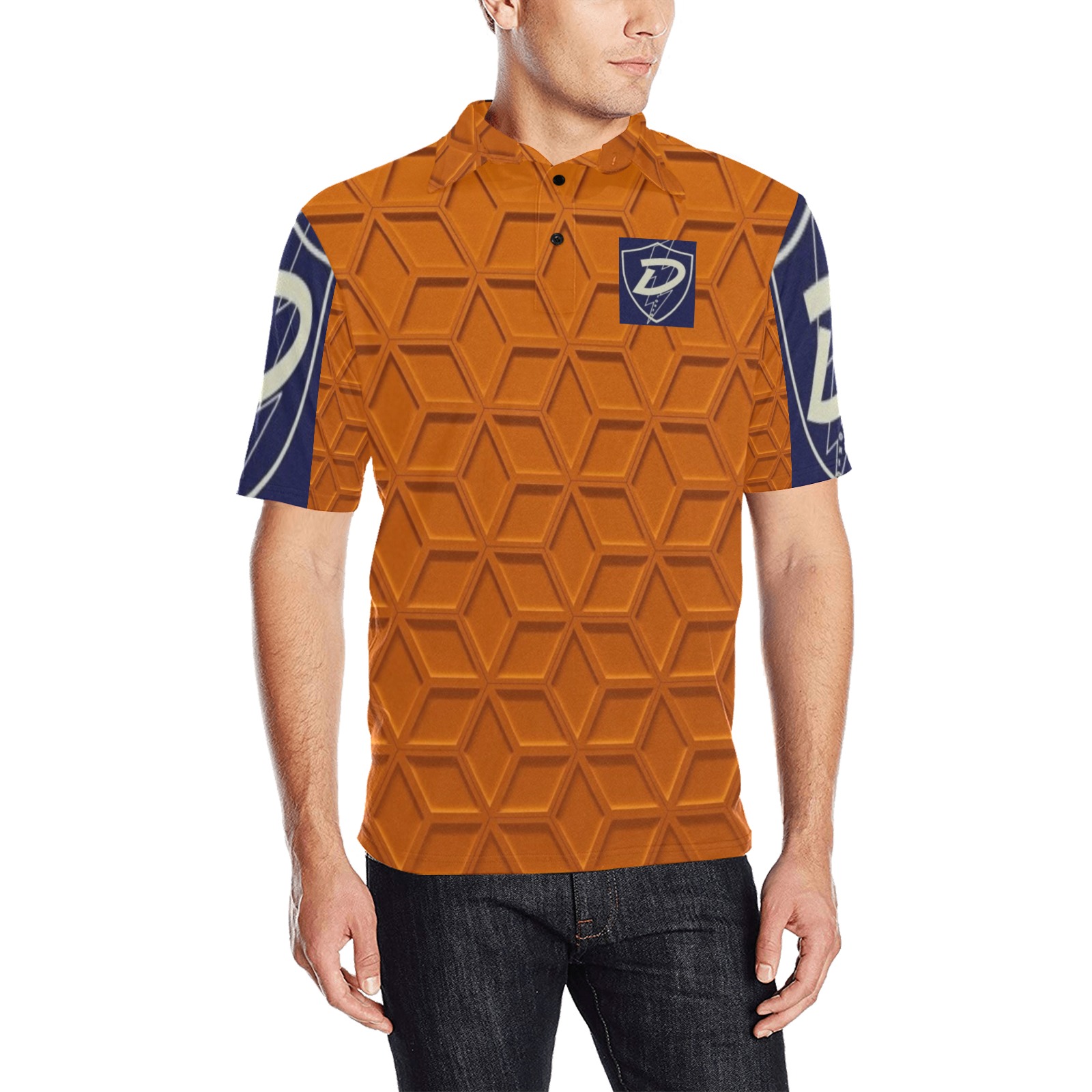 DIONIO Clothing IRON SOLDIER POLO Shirt (Orange & Dark Blue) Men's All Over Print Polo Shirt (Model T55)