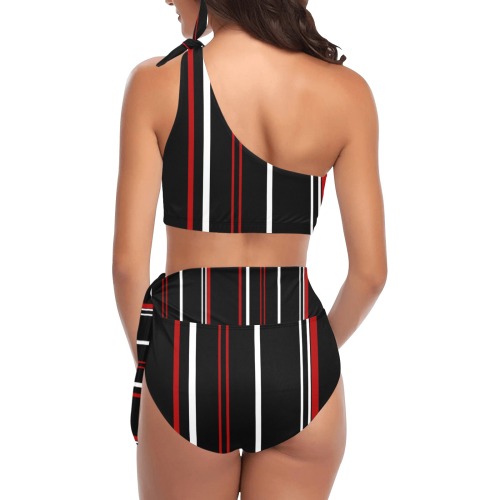 Black red and white stripes High Waisted One Shoulder Bikini Set (Model S16)