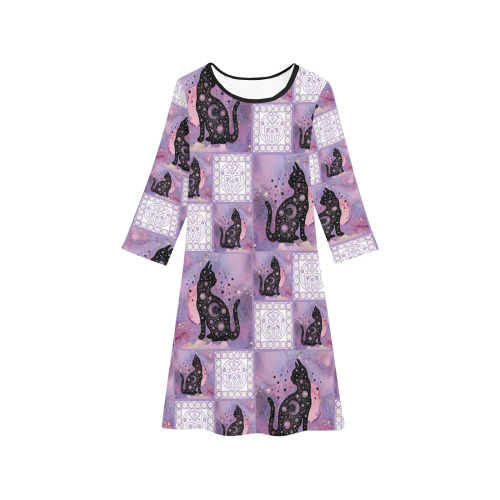 Purple Cosmic Cats Patchwork Pattern Girls' Long Sleeve Dress (Model D59)