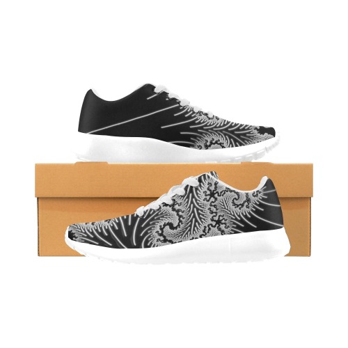 White and Silver Lace on Black Fractal Abstract Kid's Running Shoes (Model 020)
