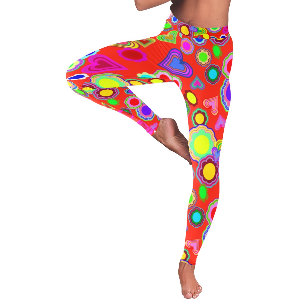 Groovy Hearts and Flowers Red Women's Low Rise Leggings (Invisible Stitch) (Model L05)