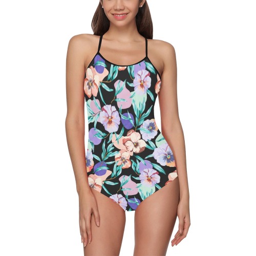 Dark modern tropical floral PD Strap Swimsuit ( Model S05)