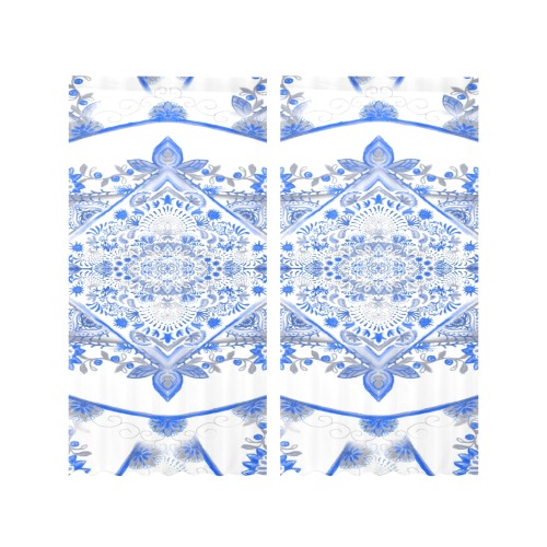 curls watercolor 3- blue Gauze Curtain 28"x84" (Two-Piece)