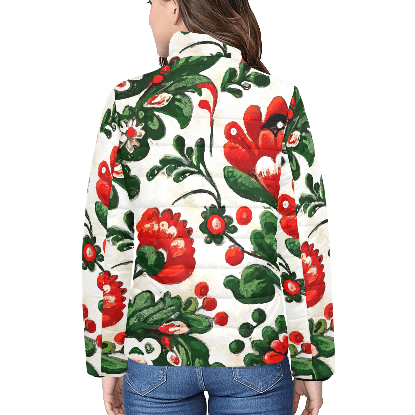 folklore motifs red flowers Women's Stand Collar Padded Jacket (Model H41)