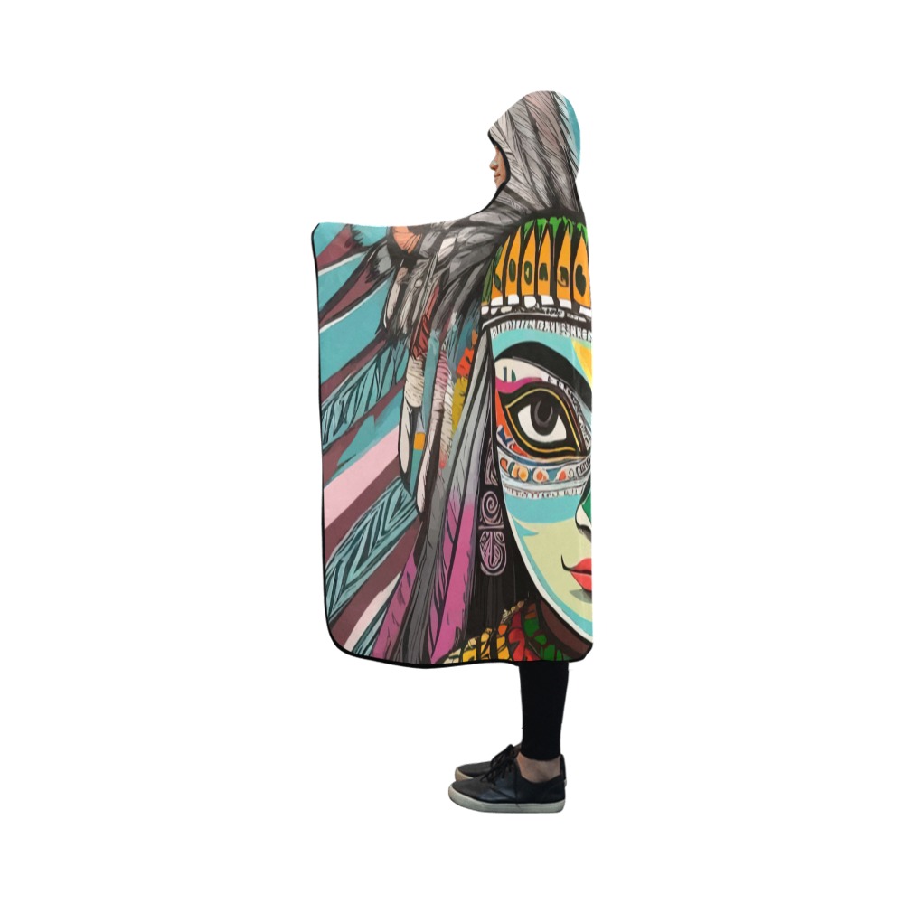 Stunning art of Native American in feather decor. Hooded Blanket 50''x40''
