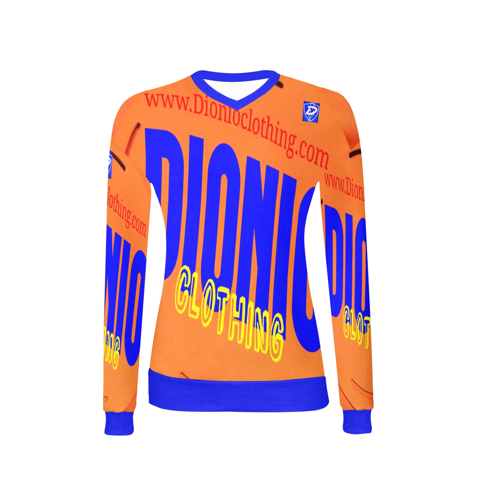 DIONIO Clothing - Women's V-Neck Sweater (Orange & Blue Logo) Women's All Over Print V-Neck Sweater (Model H48)