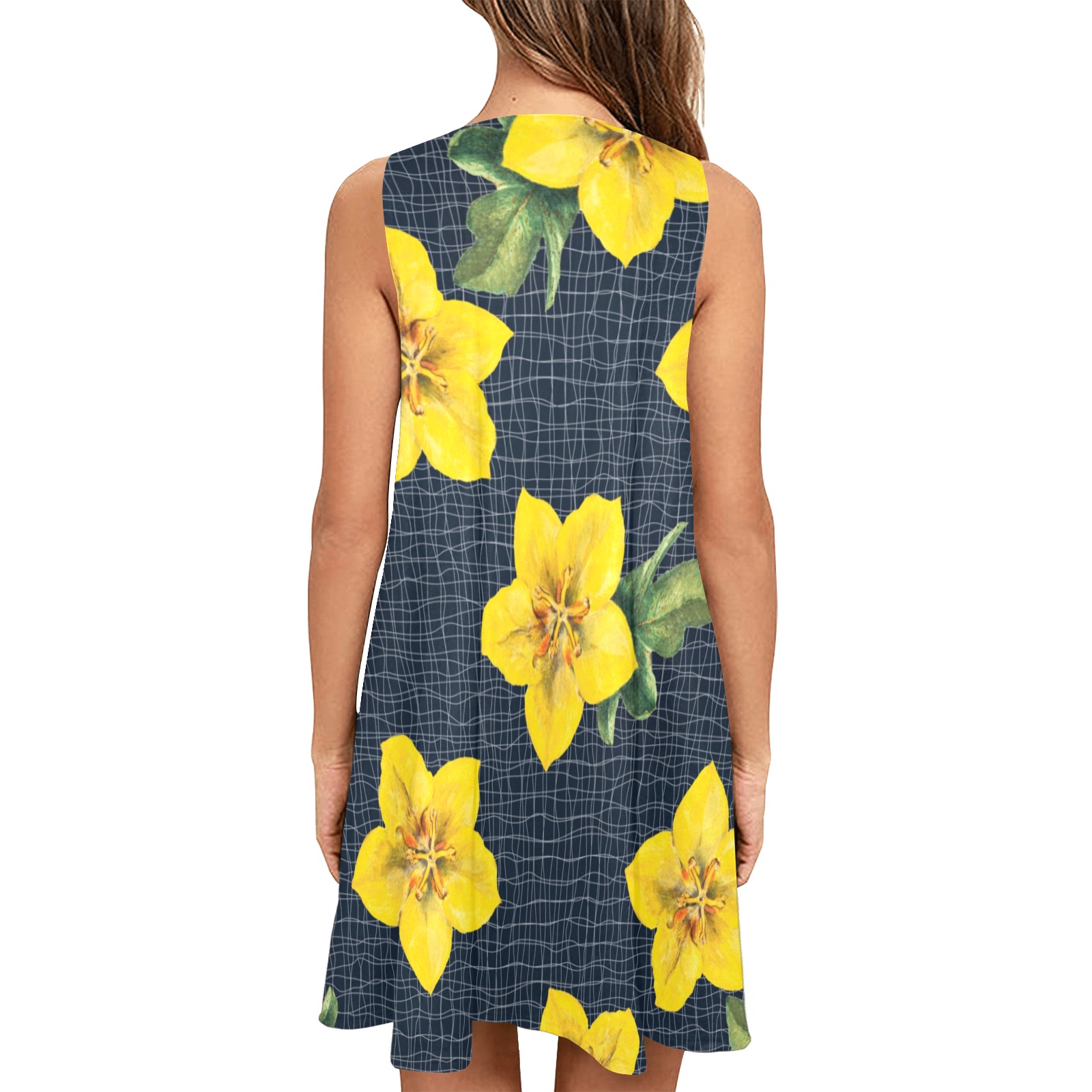 yellow flora print copy Sleeveless A-Line Pocket Dress (Model D57)