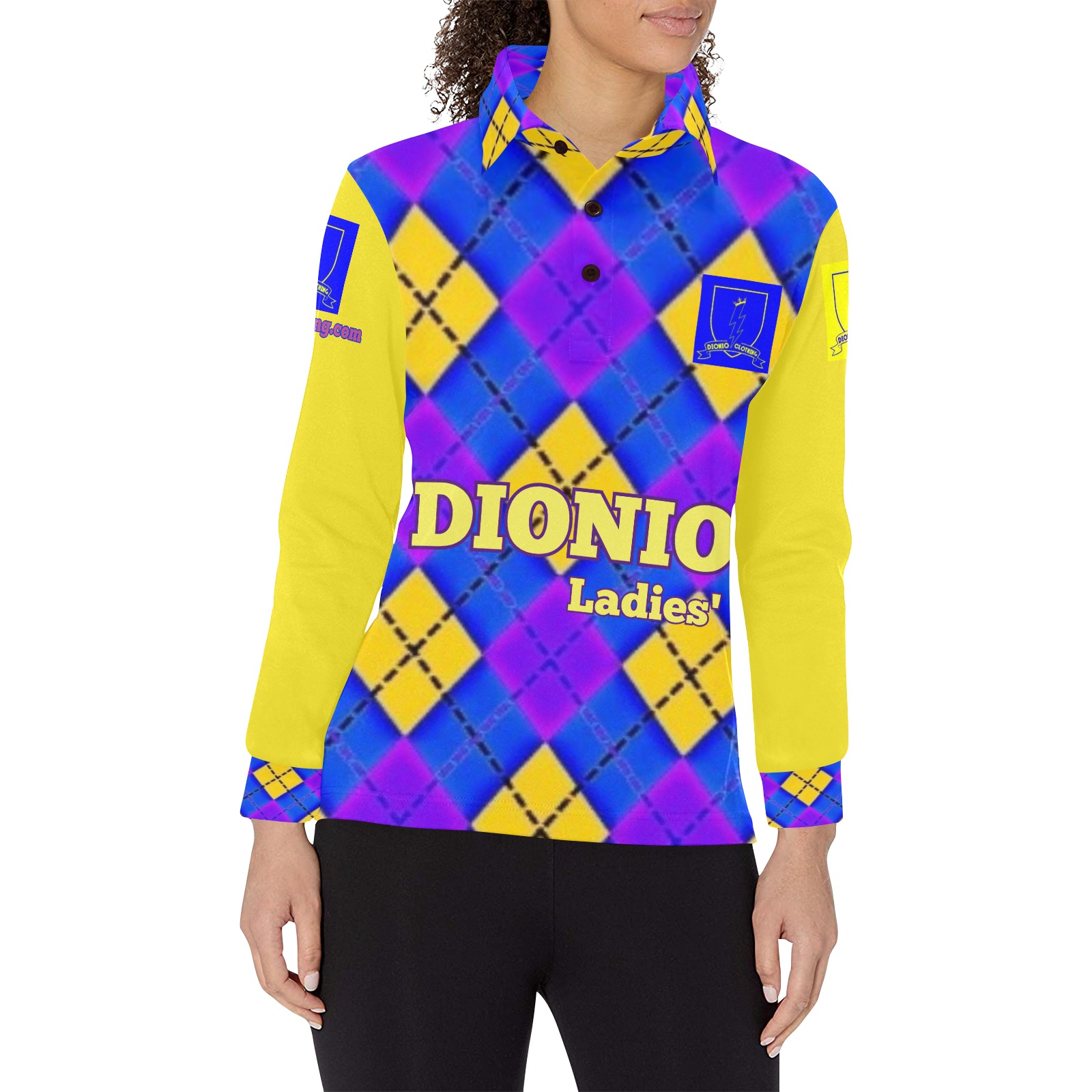 DIONIO Clothing - Ladies' Multi-Color Diamond Long Sleeve Polo Shirt(Blue,Yellow & Pink) Women's Long Sleeve Polo Shirt (Model T73)
